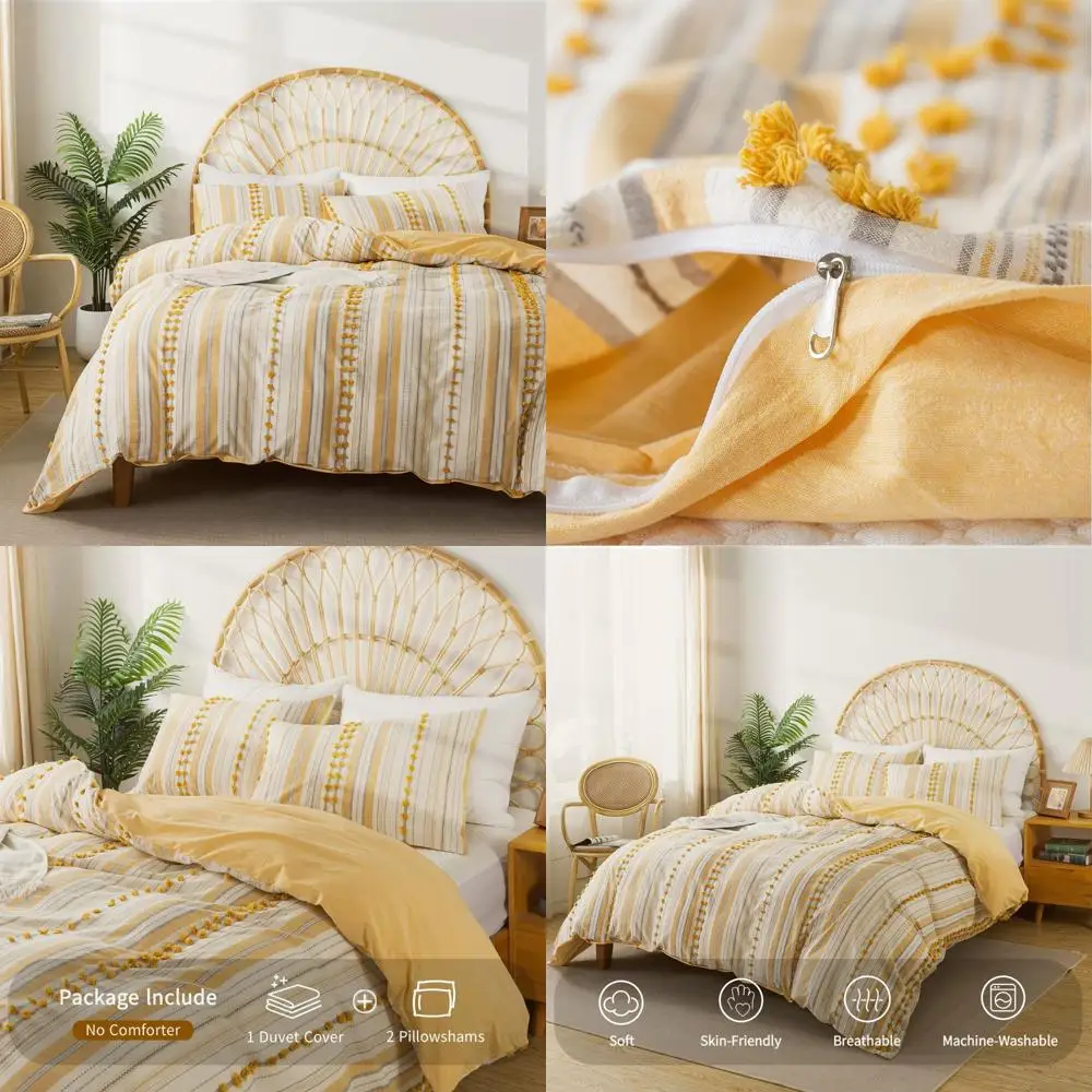

Cotton King Size Duvet Cover Set with Tufted Dots - Bohemian Chic Striped Pom Pom Bedding for Year-Round Comfort