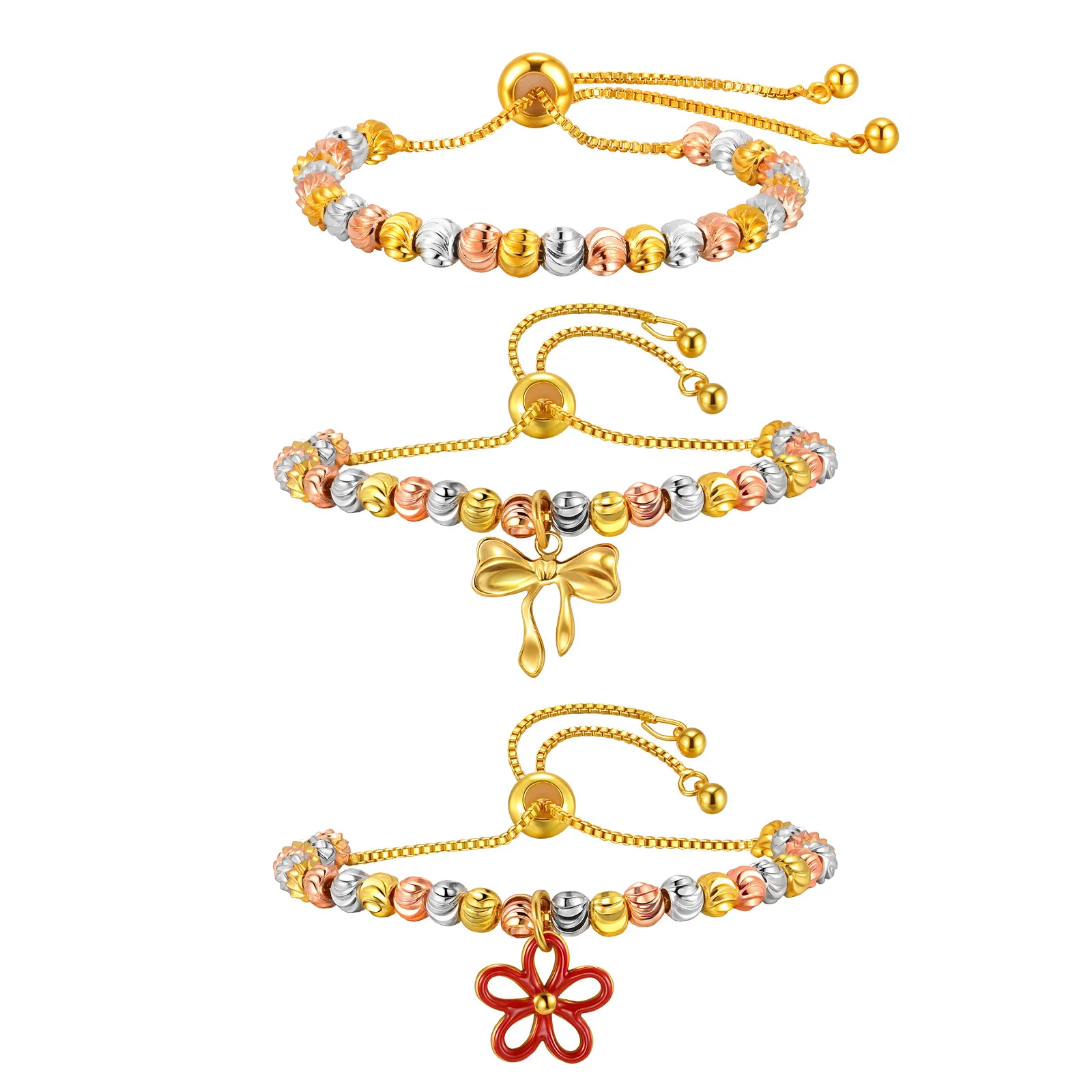 Chic Unique Design Tri Color Texture Beads Bracelet Adjustable Chain Flower Bowknot Charm Bracelets for Women Luxury Jewelry