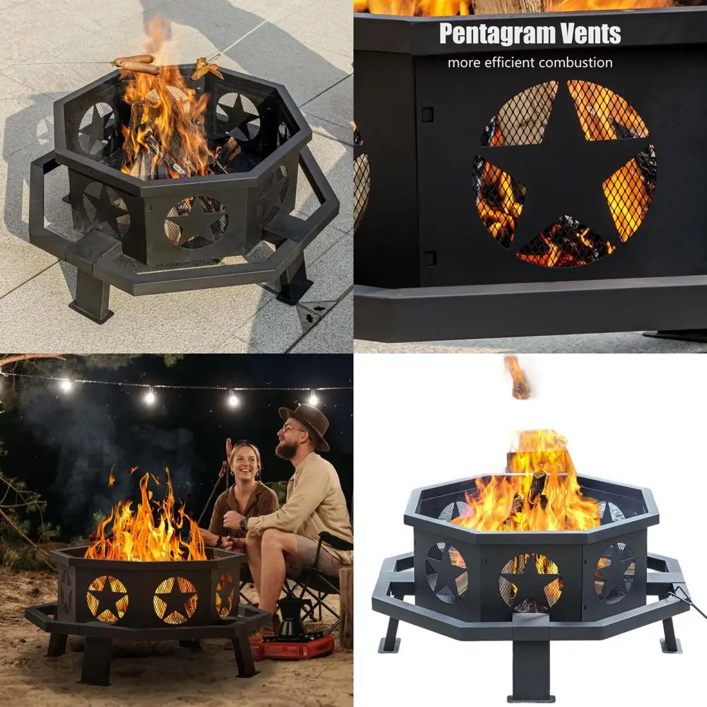 

35 Octagonal Outdoor Wood-Burning Fire Pit with Poker for Camping, Yard, Patio