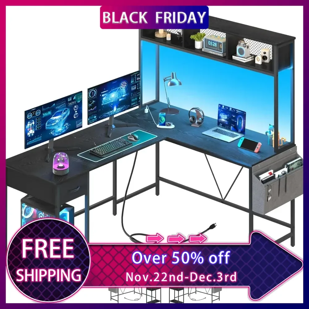 

L Shaped Desk Gaming Desk with LED Strip & Power Outlet,Computer Desks with Storage Shelf & Drawer, Corner Desk with Storage Bag