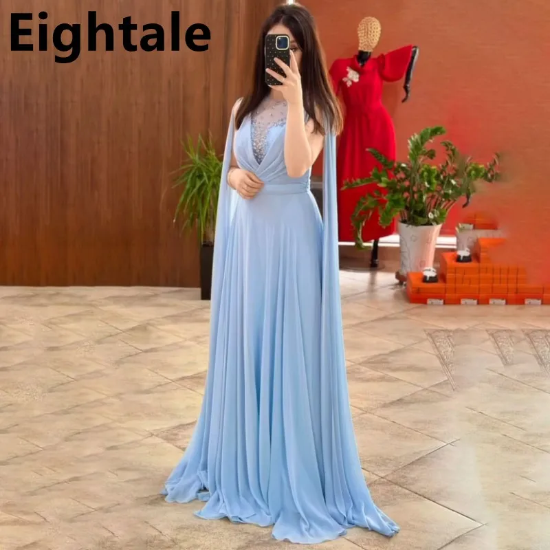 

Eightale 2024 Light Blue Chiffon Evening Dresses For Wedding Party Cape Sleeve A Line Formal Prom Dress Dubai Party Gown