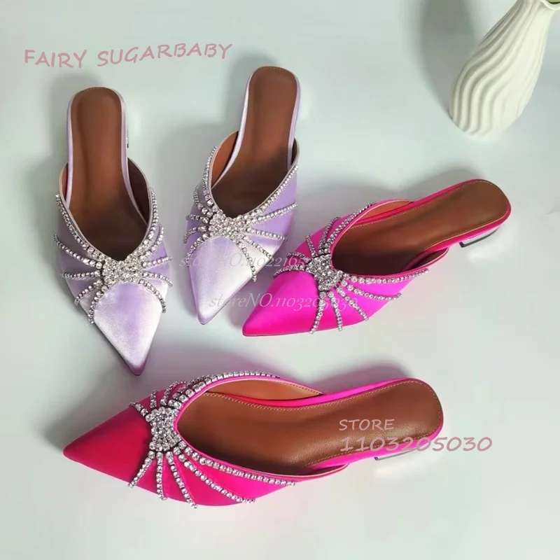 

Rose Red Flat Sandals Jeweled Fringe Women Pointed Satin Light Purple Slingback Casual Crystal Bordered Girls Office Lady Shoes