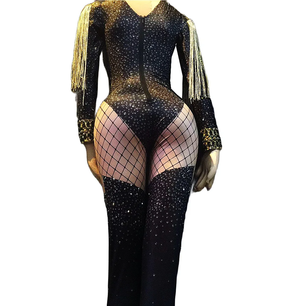 Shining Sequin Gold Tassel Women Jumpsuits Long Sleeve Dance Body Suits Singer Stage Leotard Rave Festival Drag Queen Costumes