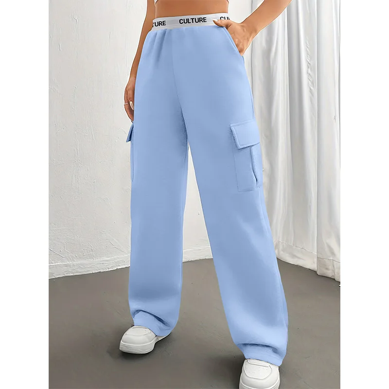 السراويل النسائية بلون حزام العمل السراويل عارضة فضفاض جيوب جانبية المرأة سحب السراويل النسائية الاتجاه الموضة