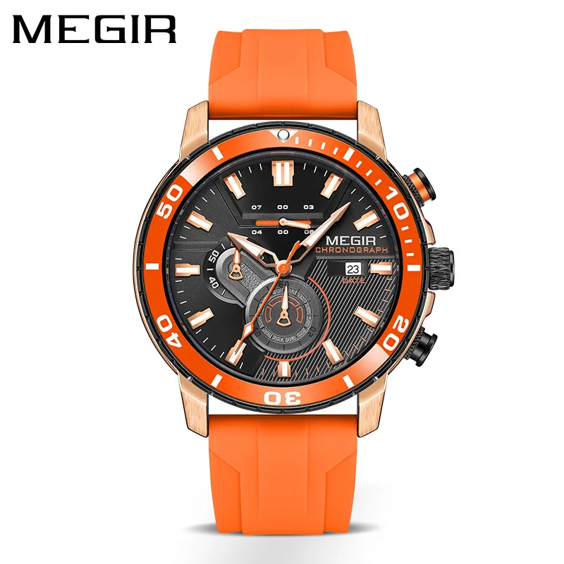 MEGIR 2224 Men\'s Quartz Watch Sport Fashion Cool Waterproof Silicone Strap Multi-function Chronograph Date Luminous Wristwatches