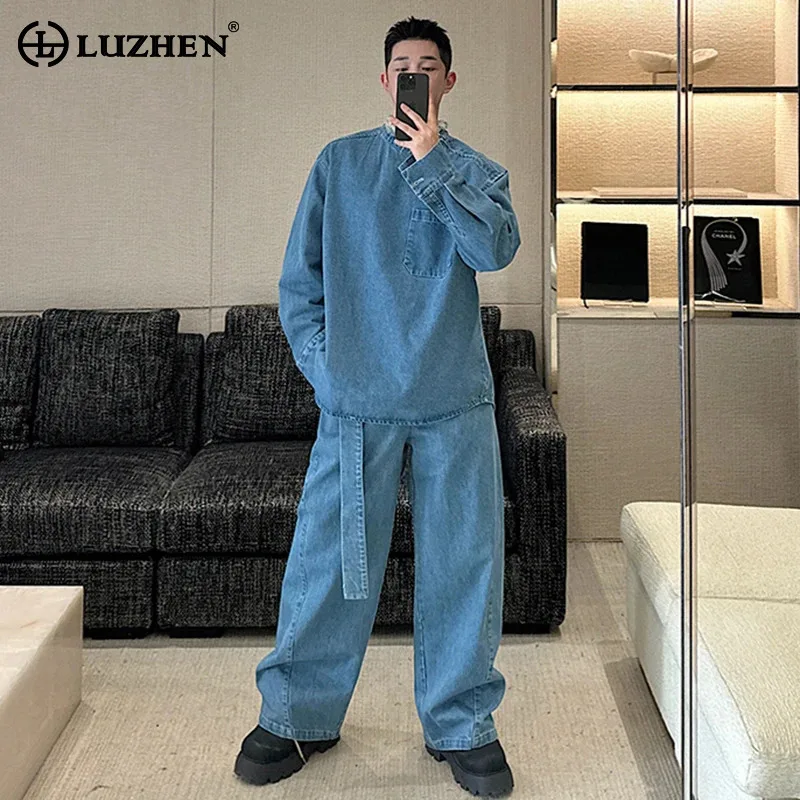 

Мужской комплект LUZHEN: джинсы свободного кроя и топ из денима, однотонный, весенний, 2025, JY6015