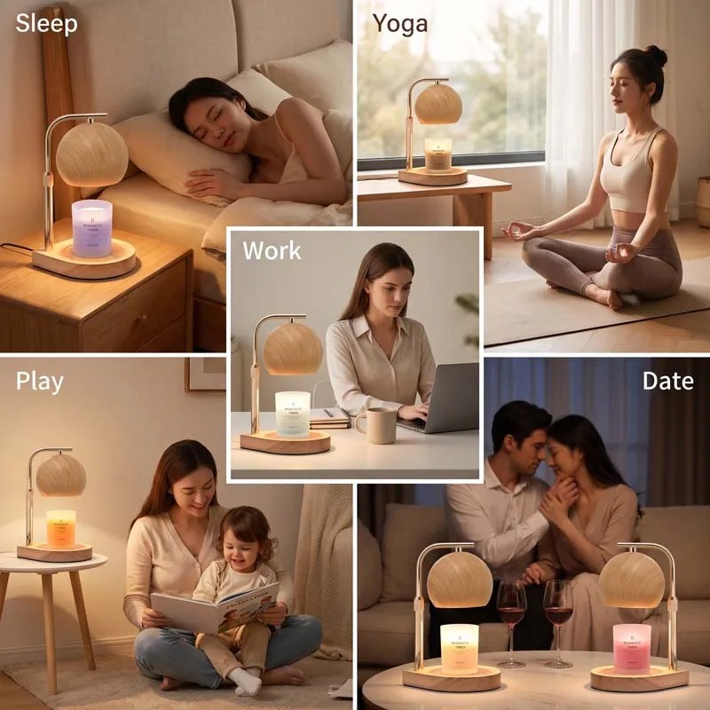 Nordic Minimalist Adjustable Height Flameless Dimmable Wood Grain Iron Shade Candle Warmer Lamp for Bedroom Home Decor