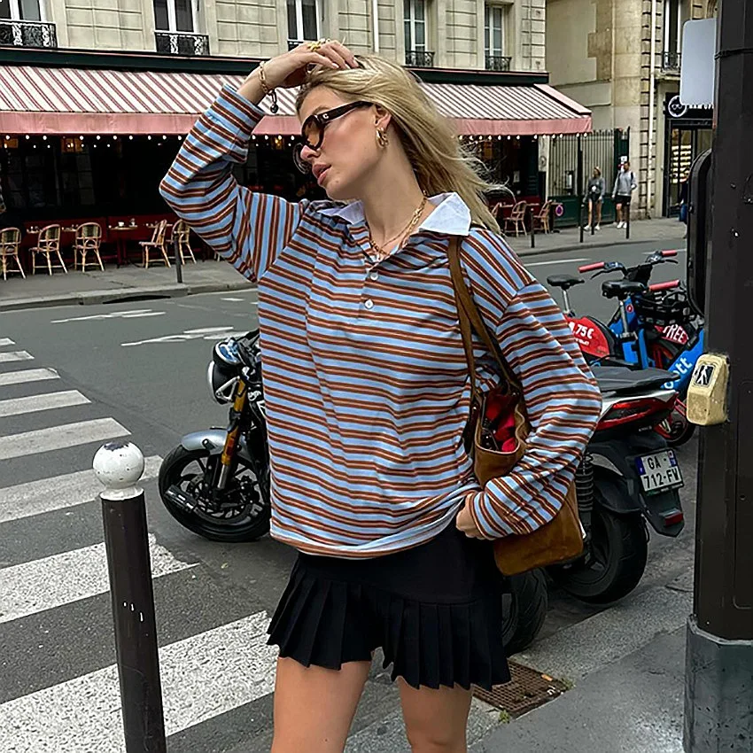Vintage Striped V Neck Tee Tops Women Casual Blouse T Shirt Spring Summer Streetwear