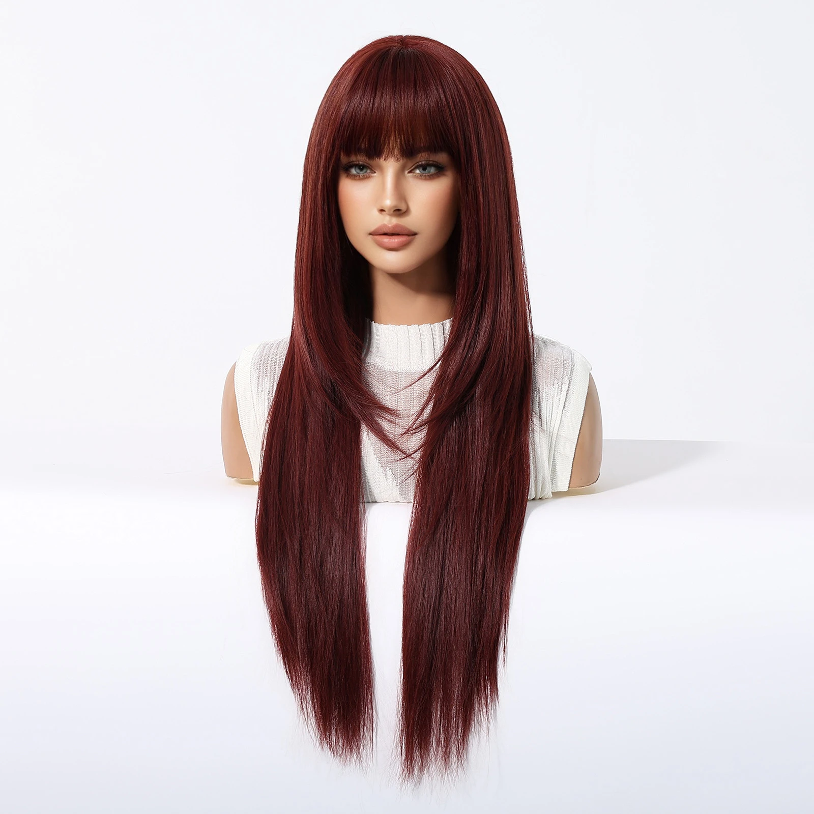 عيد الميلاد بورجوندي النبيذ الأحمر بيروكات صناعية طويلة مستقيمة الطبقات شعر مستعار مع الانفجارات للنساء البيض تأثيري الشعر مقاومة للحرارة