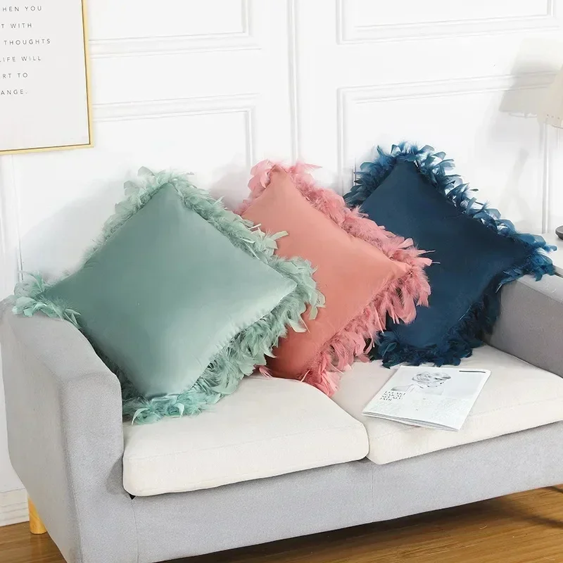 Cushion Cover Beige Gray Pink Velvet Feather Pillowcase Home Pompom Throw Pillow Covers Camping Decorative