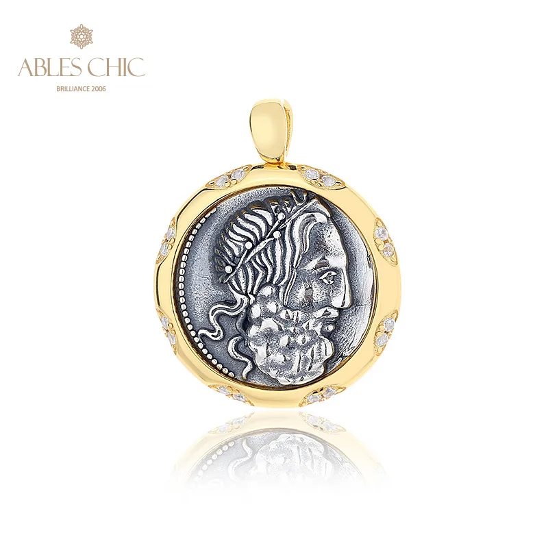 

Poseidon Greek Silver Coins Charm CZ Accent 18K Gold Two Tone Solid 925 Silver Roman Coin Pendant Only N1026