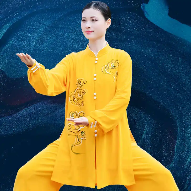 

Униформа Тай Чи нового стиля для женщин — элегантная и высококачественная тренировочная одежда для выступлений и соревнований по тай-чи на весну и осень