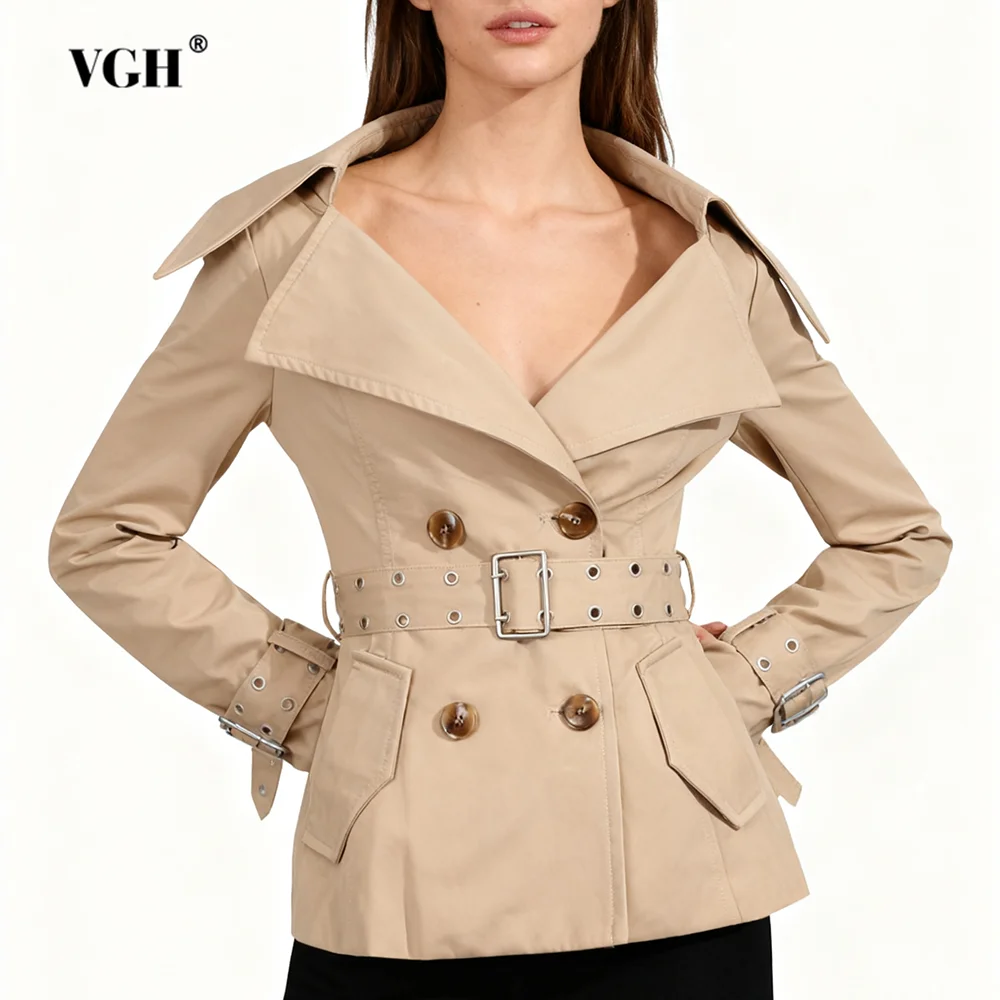 

VGH однотонная повседневная офисная короткая ветровка для женщин с лацканами и длинными рукавами в стиле пэчворк, двубортная базовая куртка в стиле ретро, женская осенняя куртка