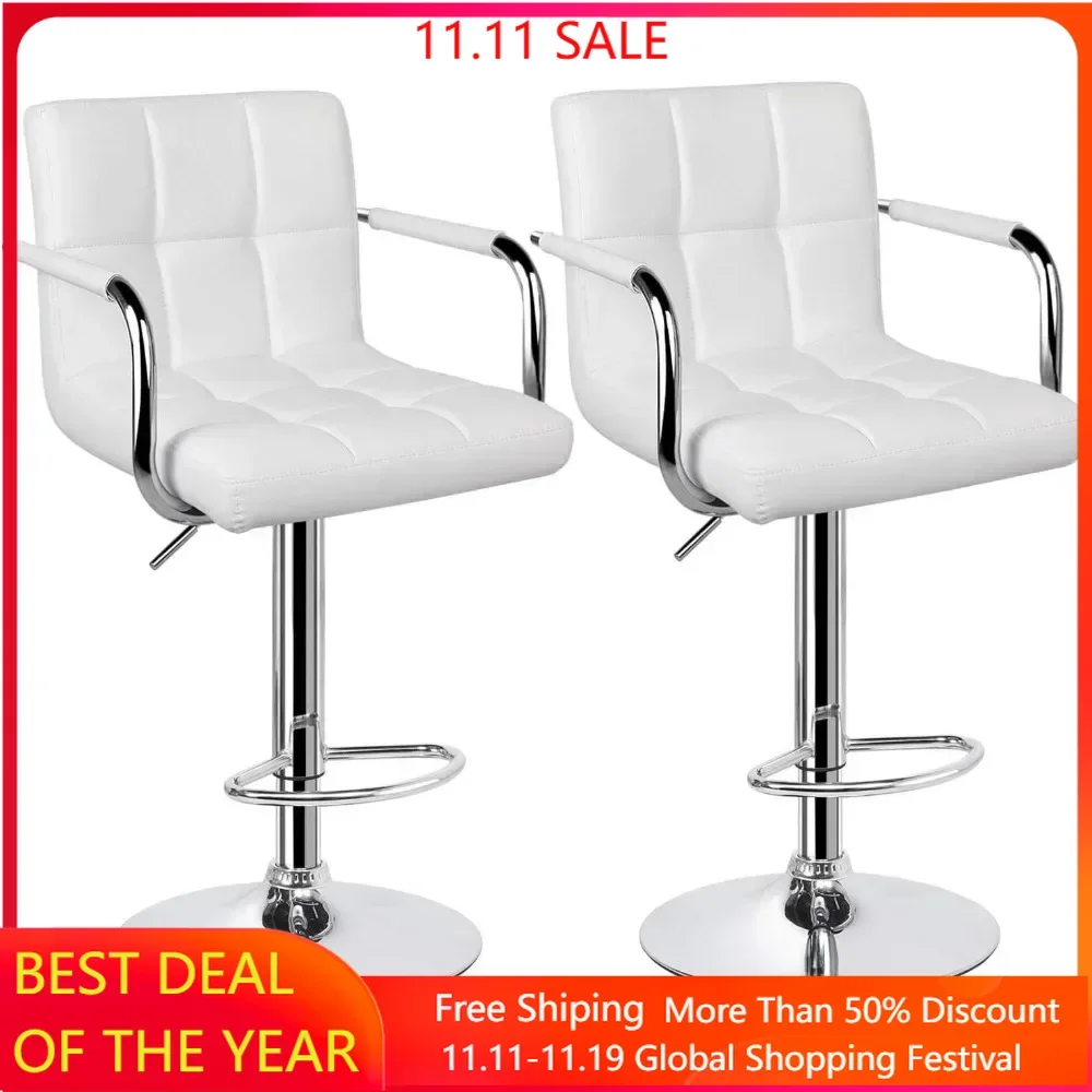 Bar Stools Set of 2, PU Leather Adjustable Swivel Barstools, Hydraulic Kitchen Counter Height Bar Chairs with Armrest and Back