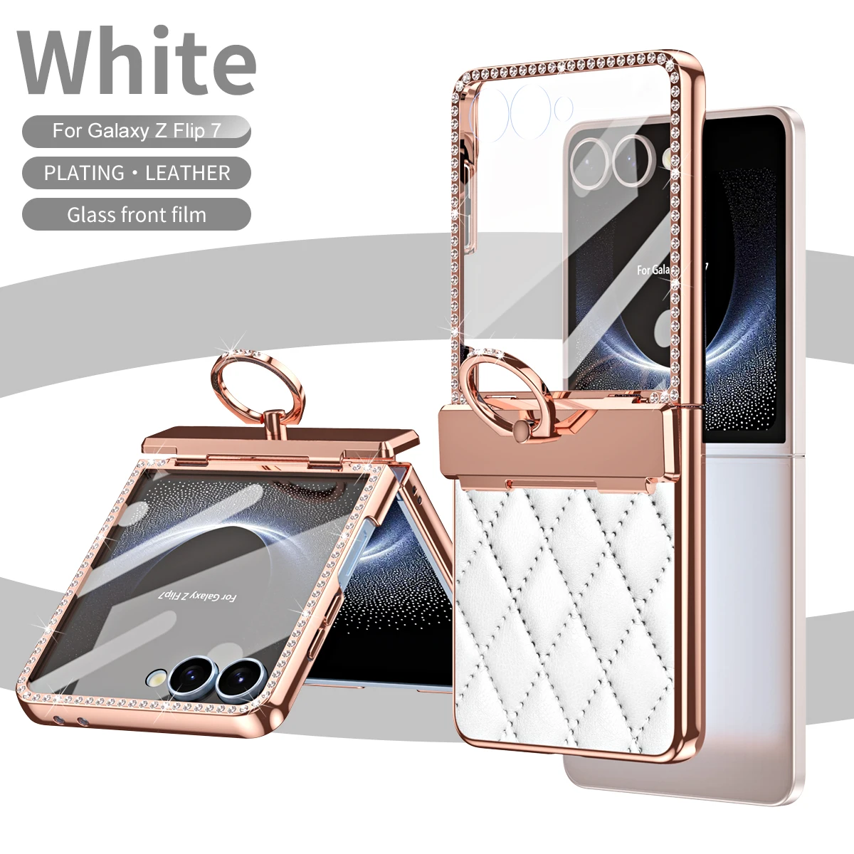 

Luxury Leather Diamond Phone Case for Samsung Galaxy Z Flip 7 6 5 4 3 Flip7 FE with Hinge Protection and Ring Holder Women Girl