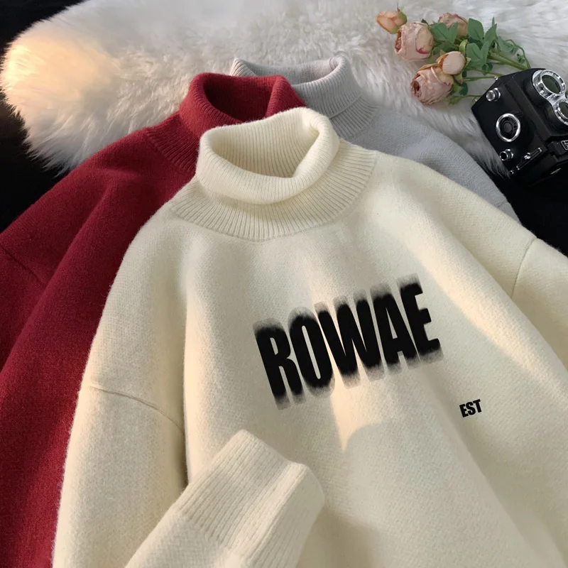 

High Collar Men's Knitted Sweater Spring Autumn Loose Fit Overhead Woolen irt Trendy Casual Long Sve for Teens And High ...