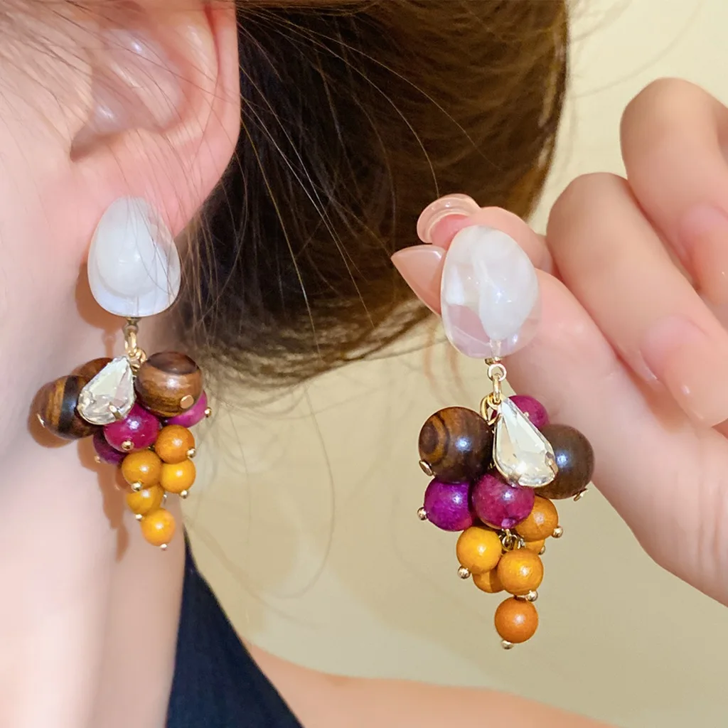 Vintage Marble Resin Stud Earrings Colorful Wood Tassel Drop Earrings Teardrop Zircon Retro Ethnic Women Fashion Ear Jewelry