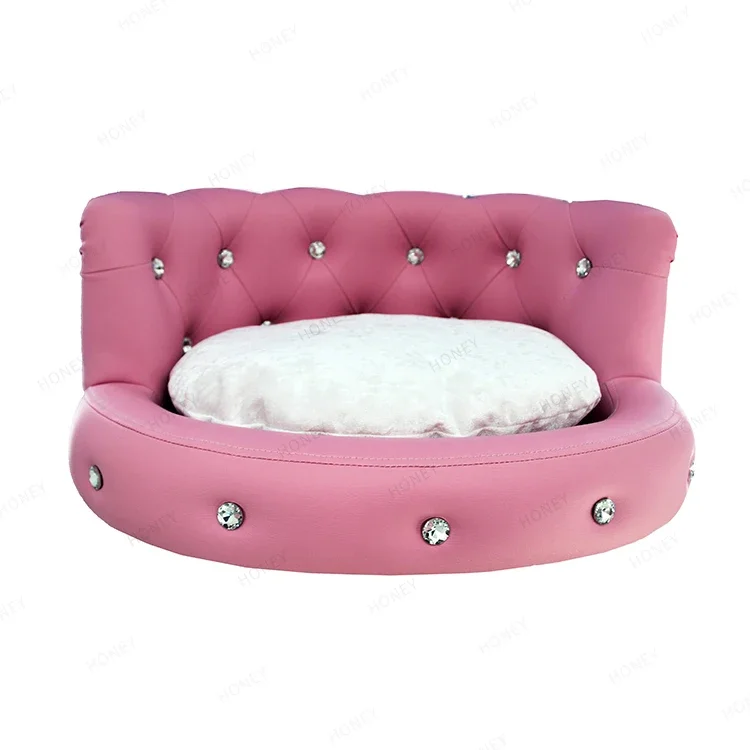 2022 factory custom OEM diamond luxury leather pet dog bed sofa large wood  pet cat sleeping bed round rattan pet bed sofa