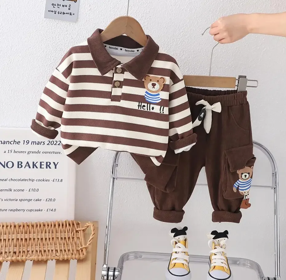 Luxury Designer Baby Boys Outfits Spring Autumn Striped Cartoon Bear Casual Sweatshirt+Corduroy Pants Kids Sets Infant Clothing