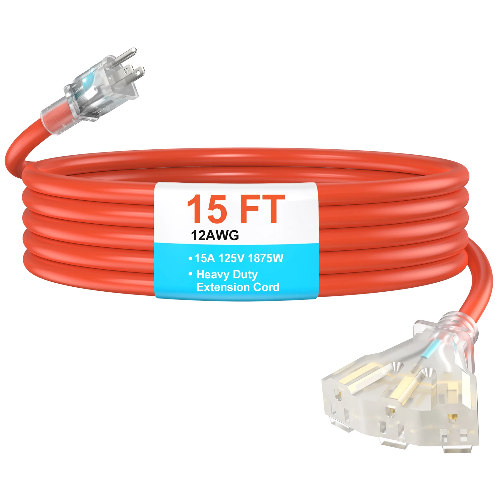 HITRENDS 15ft Heavy Duty Extension Cord 12 Gauge, 1 to 3 ways Outlet Outdoor Power Cable with Lighted Ends Weatherproof Cable