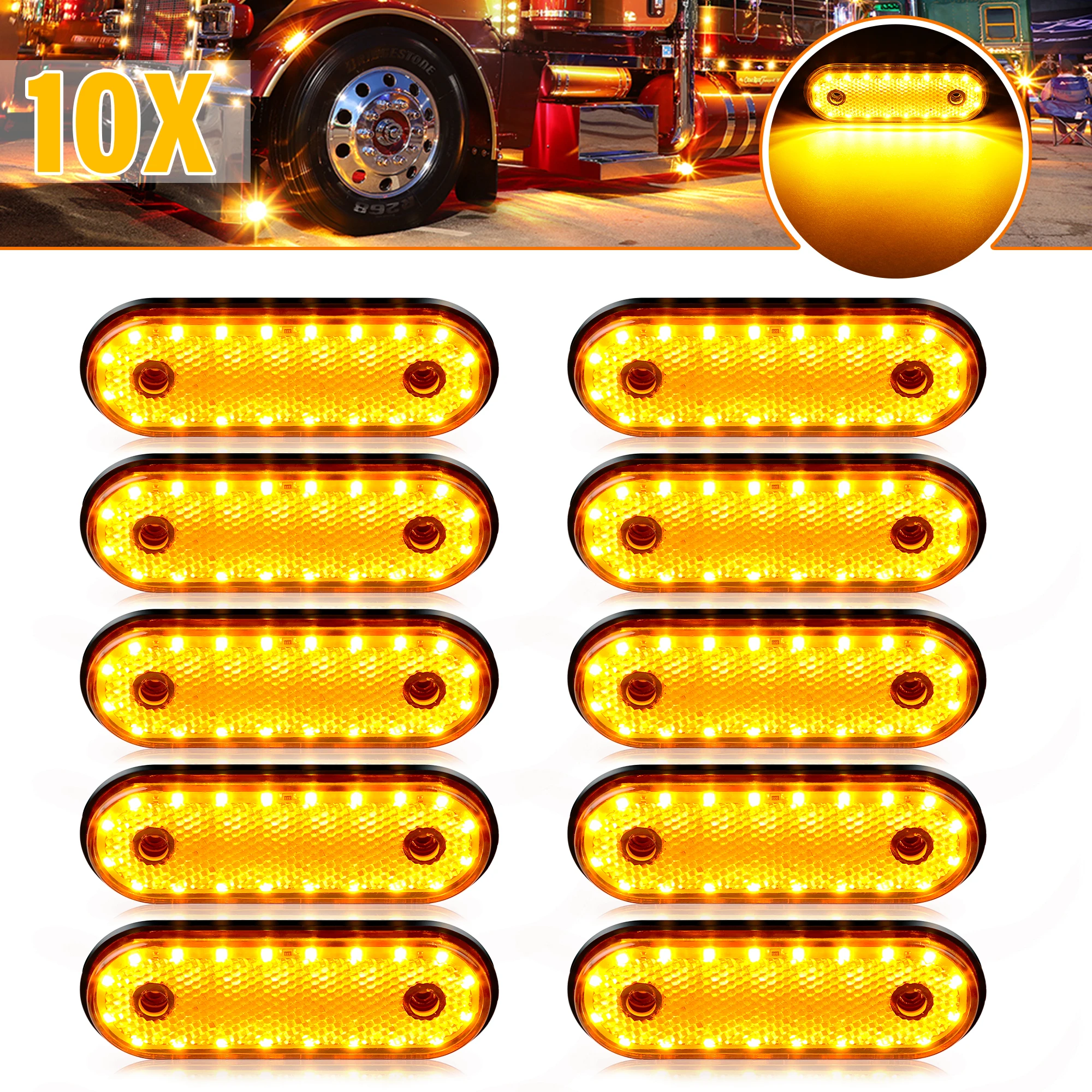 10 PCS 30LED DC24V Waterproof Car Side Light Oval Clearance Trailer Truck RV Trailer Pickup Boats Side Marker Lamp