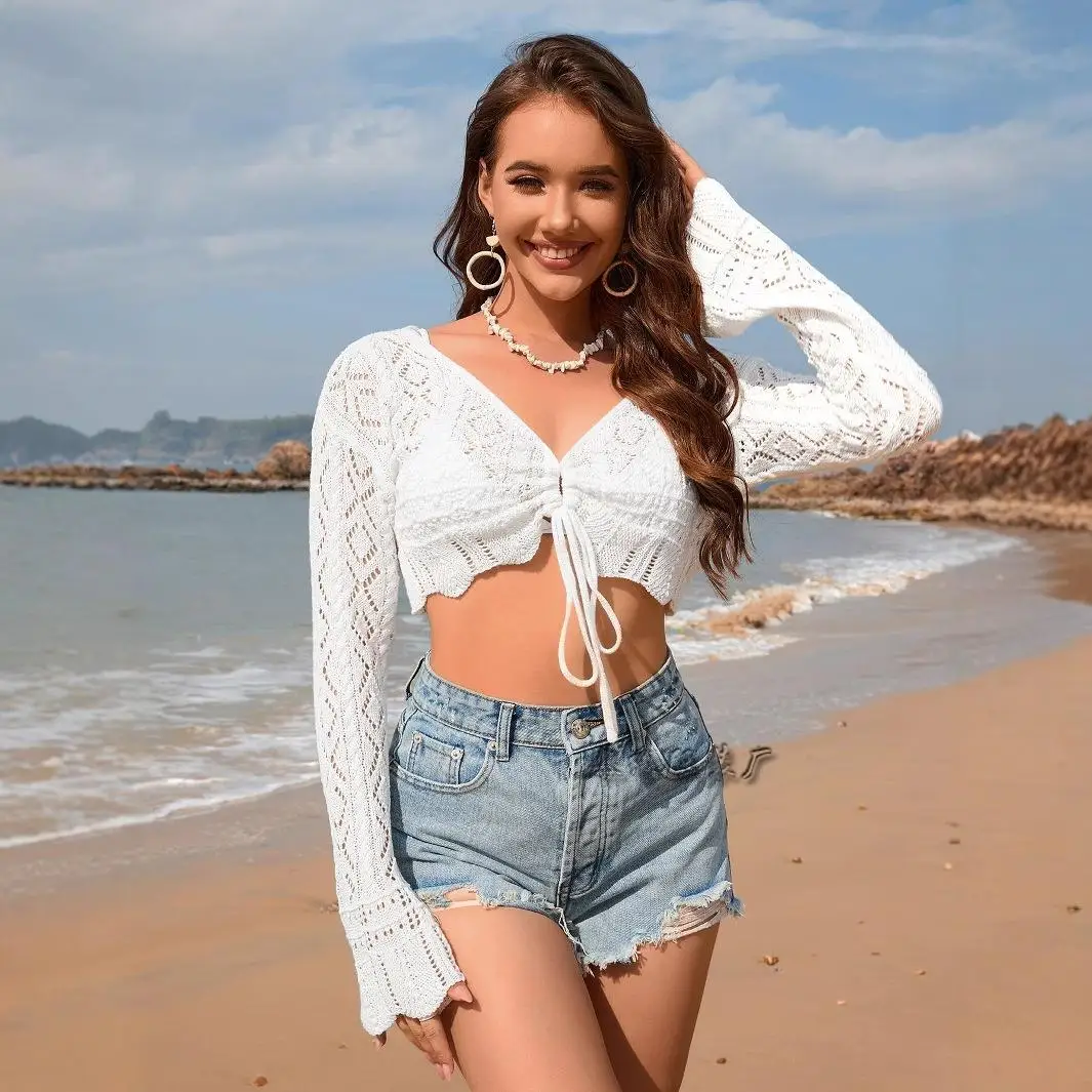 Faionable camisola de malha feminina v-ne corda amarrada cor pura primavera verão nova chegada longo sve outono temporada vestuário