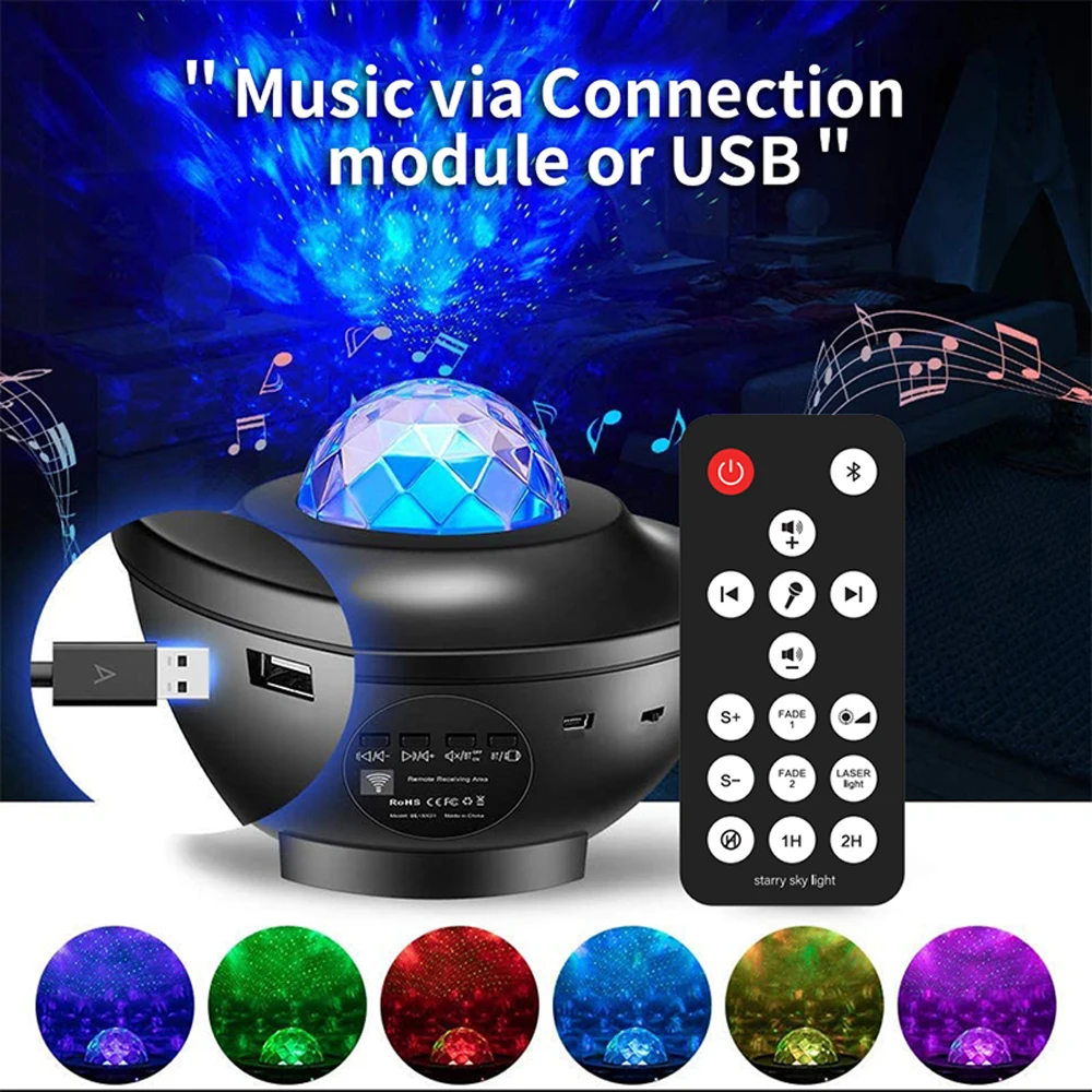 LED Starry Galaxy Projector Remote Control Night Light USB Bluetooth Music Player Romantic Ocean Projector Night Lamp Kids Decor