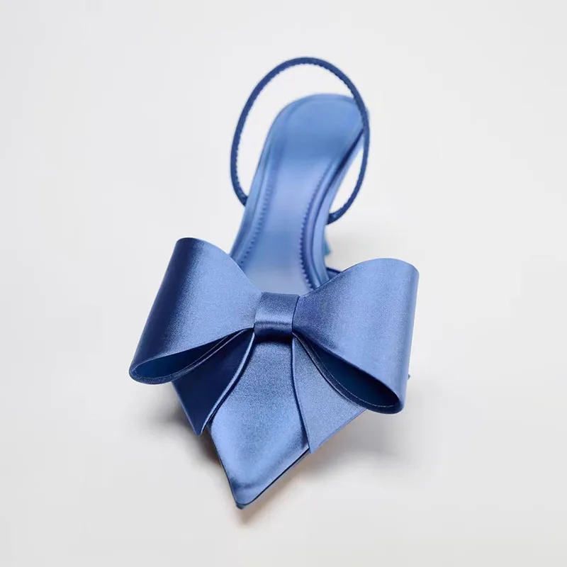 TRAF French Blue Bow tacchi alti per donna elegante punta a spillo Slingbacks donna tessuto di raso sandali con tacco sottile scarpe