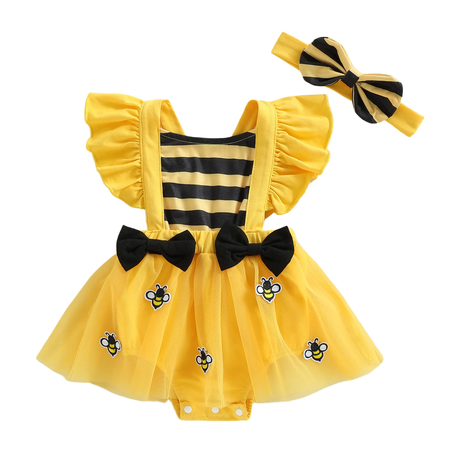 

Toddler Girl 2 Piece Set Sleeveless Round Neck Ladybug Themed Polka Dot Tulle Romper Dress Bow Headband Outfit