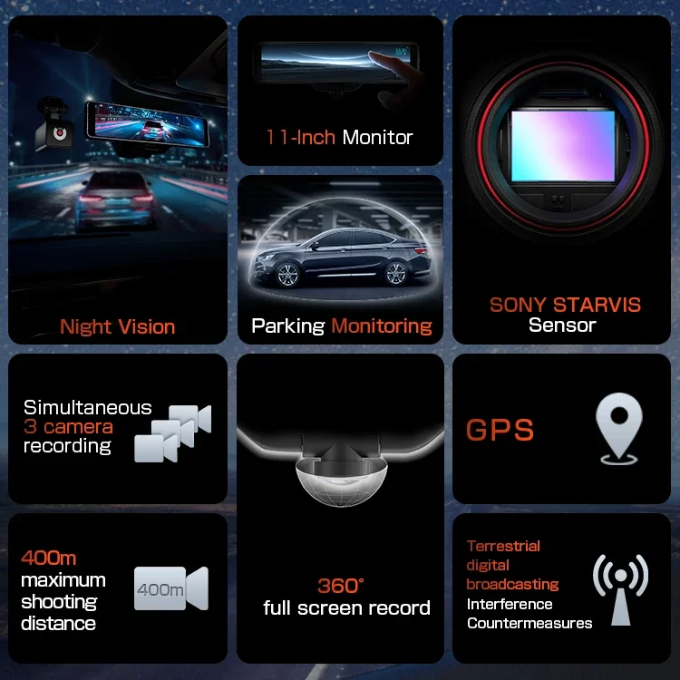 AKEEYO 11.26inch Touch Screen Night Vision Vehicles Hd Car 4k Dash Cam Recorder Gps Wifi Dual Camera