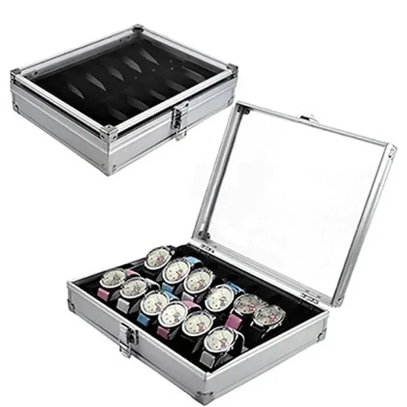 Useful Aluminium Watches Box 12 Grid Slots Jewelry Watches Display Storage Box Square Case Suede Inside Rectangle Watch Holder