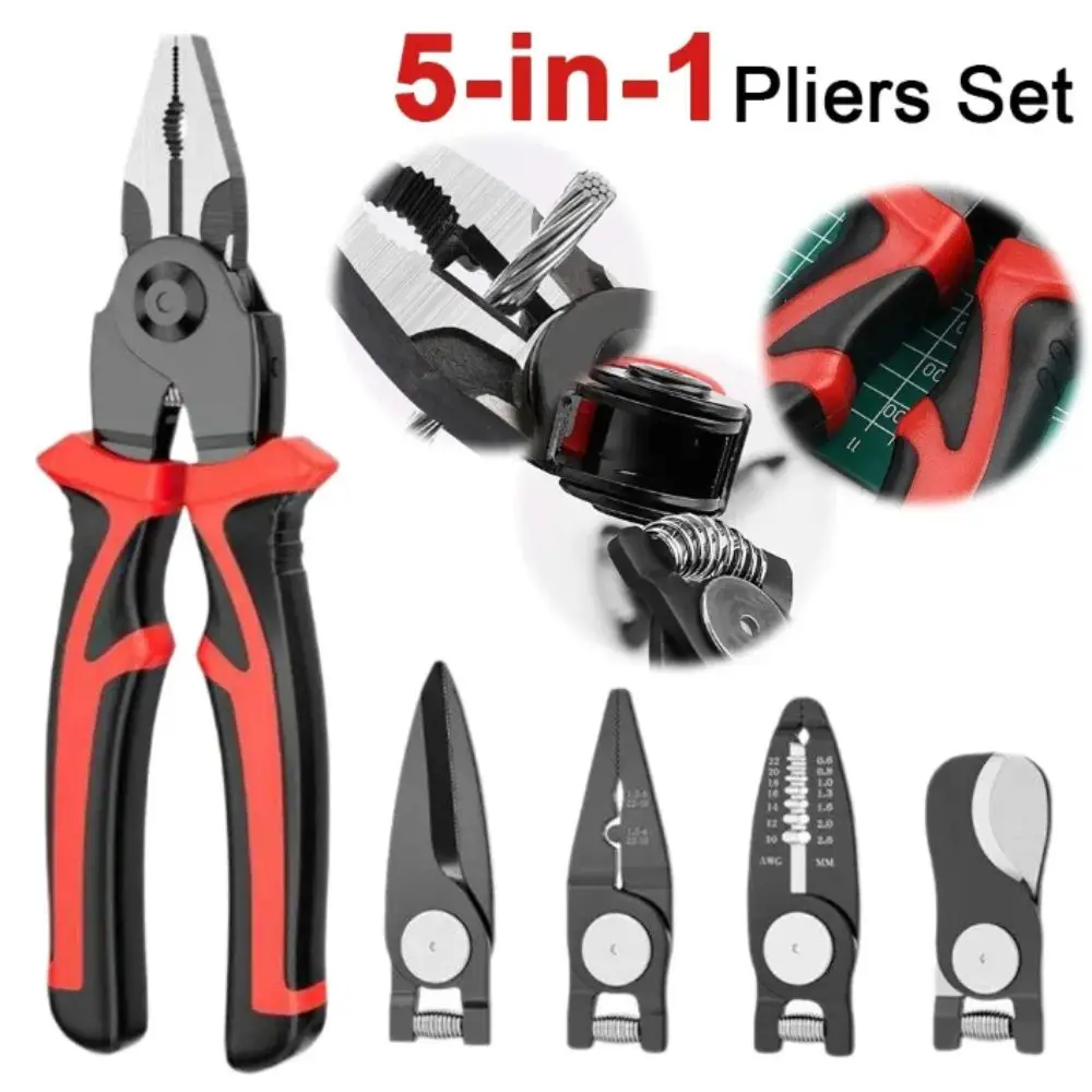 

5-in-1 Design Multi-functional Pliers Set Metal Construction Multi-functional Replaceable Head Pliers Interchangeable Heads