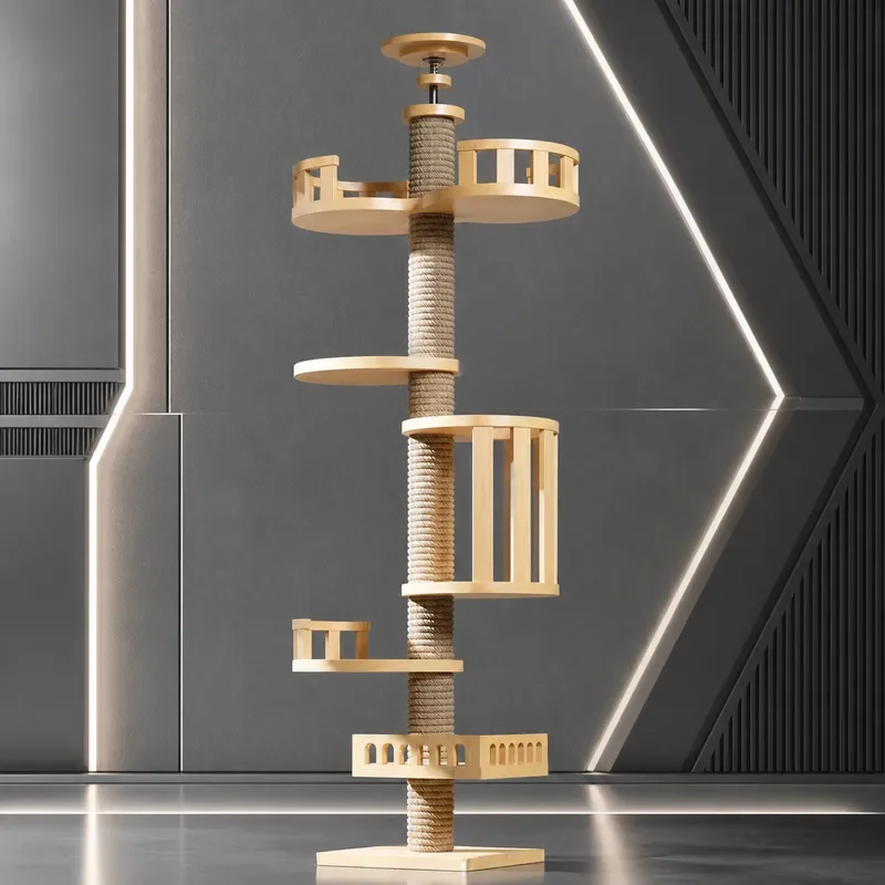 Solid Wood Cat Climbing Frame with Scratch Board and Post Durable Sturdy Cat Tree for Indoor Play and Exercise