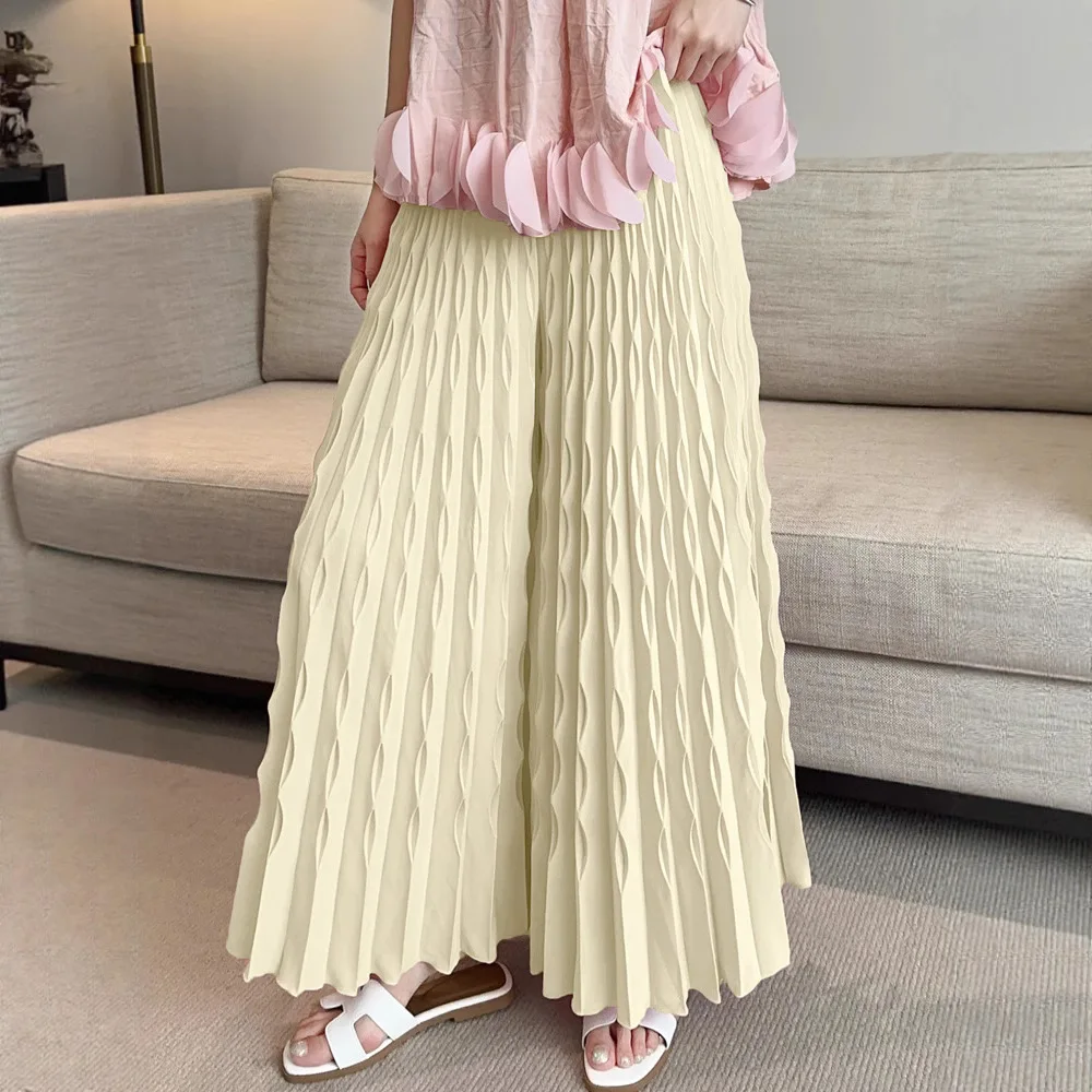 Miyake 2025 Pleated New Solid Color Elastic Waist Folded Wide Leg Pants Women's Fashion Pleated Temperament Elastic Loose Pants