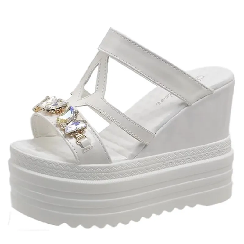 

Summer Women's Slippers To Wear Out Open-toed Wedge Sandals Fashion Platform Rhinestone Butterfly 12cm High Heels Female Slides