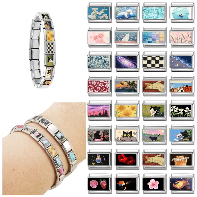 Funny Cat Read Newspaper In The Toilet Flowers Italian Charm Links Fit 9MM Stainless Steel Bracelet Women DIY Making Jewelry