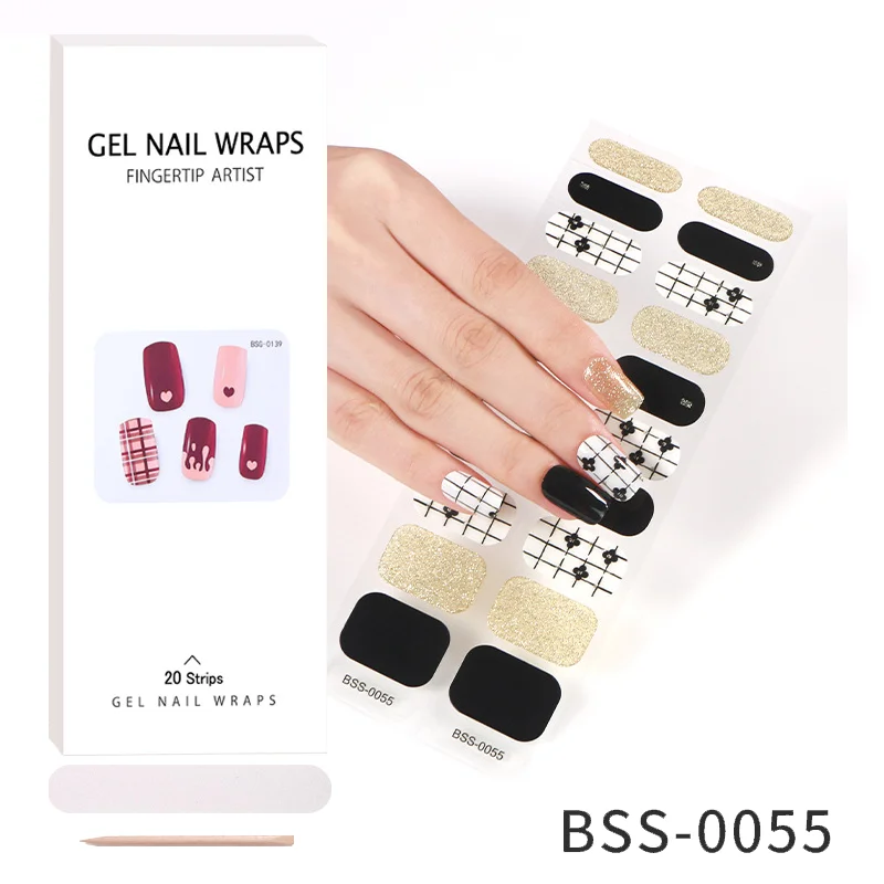 20 Strips Gel Nail Wraps New Semi-cured Gel Nail Stickers 5d Checkerboard Long Lasting Full Cover Nail Decals UV Lamp Need