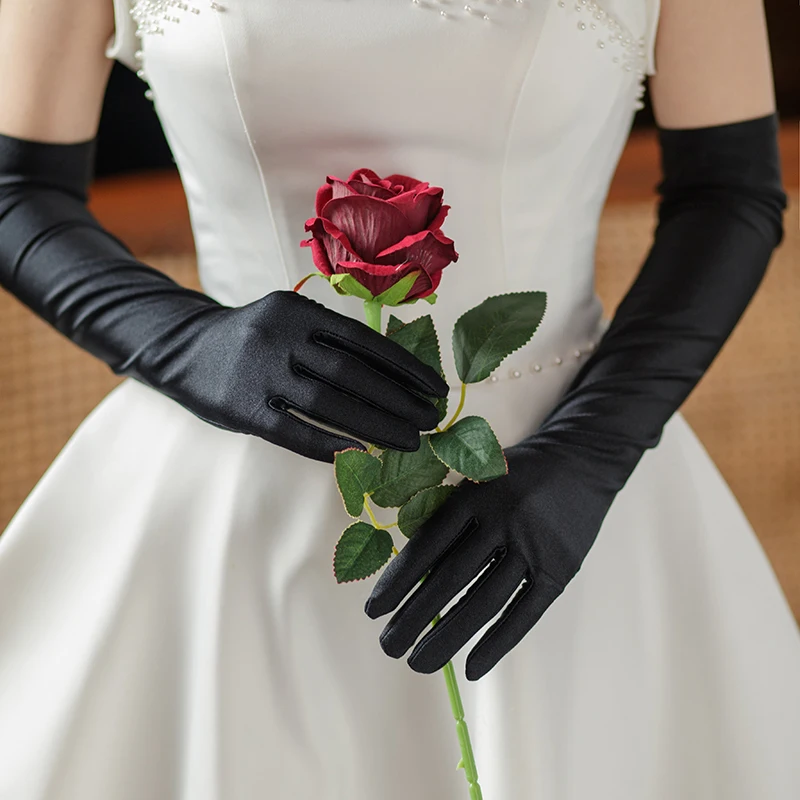 WG068 Wedding Bridal Black Finger Gloves Full Long Satin Brides Bridesmaid Prom Evening Parties Gloves Women Handschuh