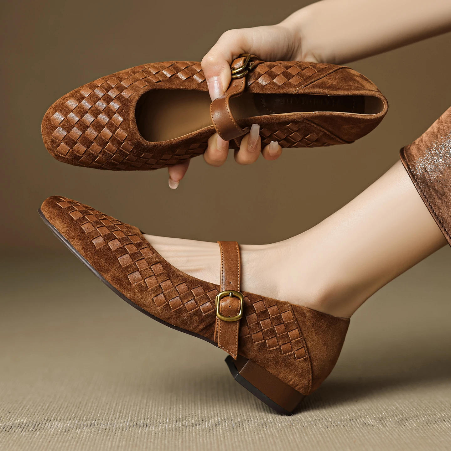 Handmade Genuine Woven Texture Low heels Mary Janes Shoes Casual Shoes 2cm High Heels Elegant Women Pumps loafers woman