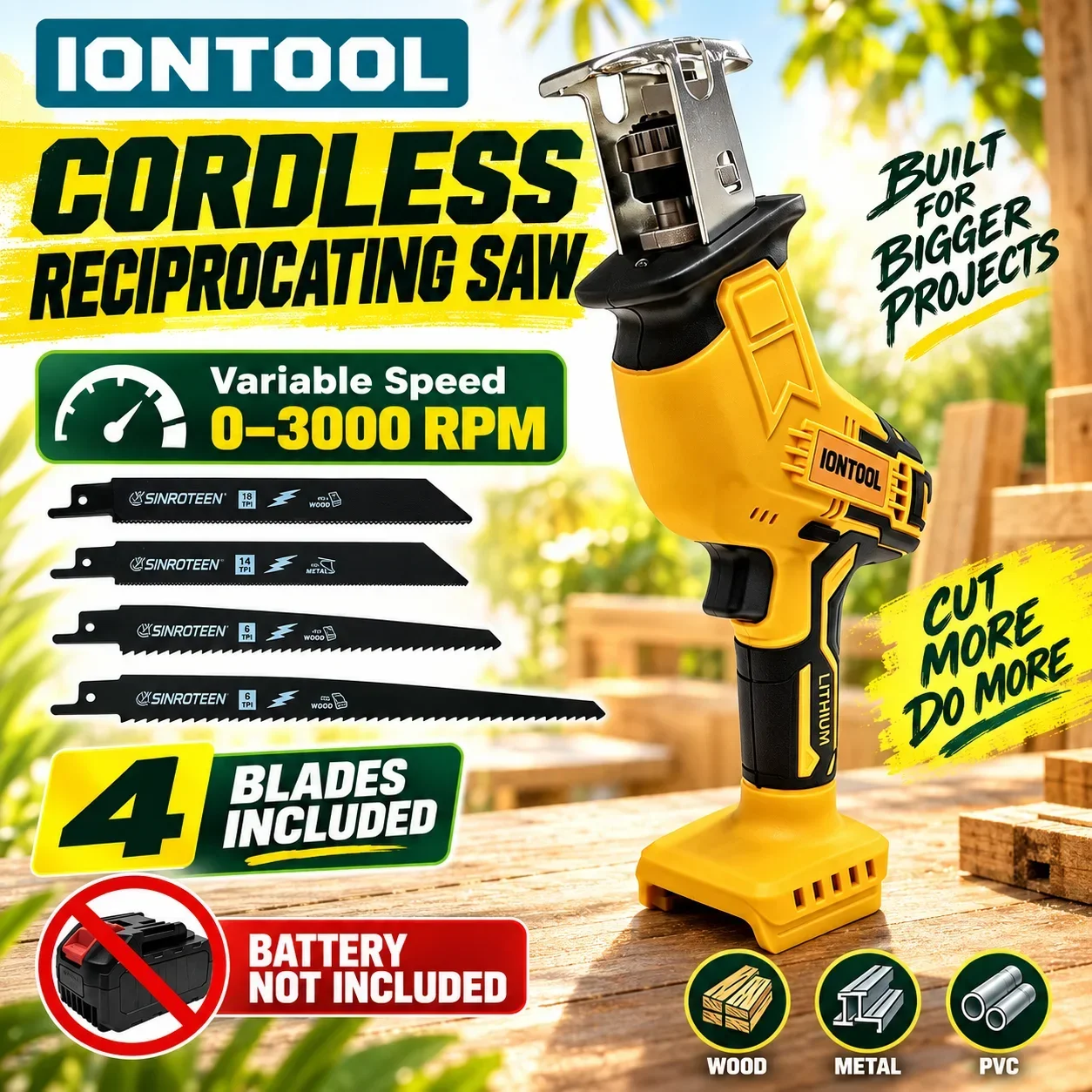 IONTOOL Yellow Cordless Portable Saber Saw 3000rpm Auto Exhaust Pipe Cutter Wall Panel Trimmer Foam Board Shaper