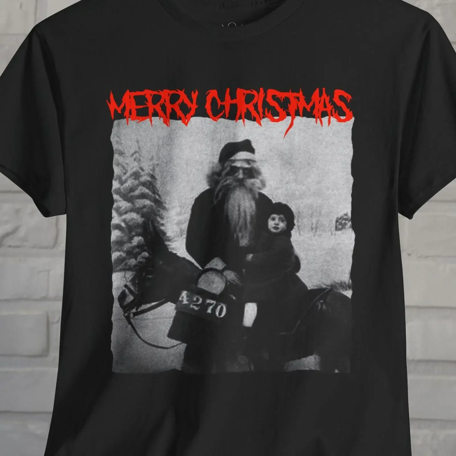 Vintage Creepy Santa Merry Christmas T Shirt Black Metal Punk Goth Funny Krampus Xmas  vintage Washed Comfortable Casual