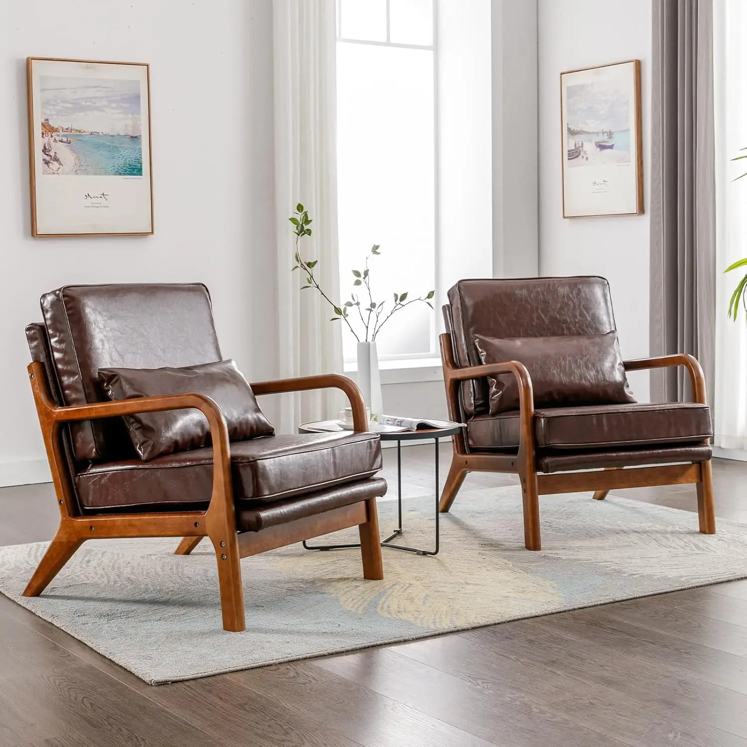 Accent Chairs Set of 2- Comfy Solid Wood Arm Chair Mid Century Modern Small Corner Sitting Decorative Brown Leather.