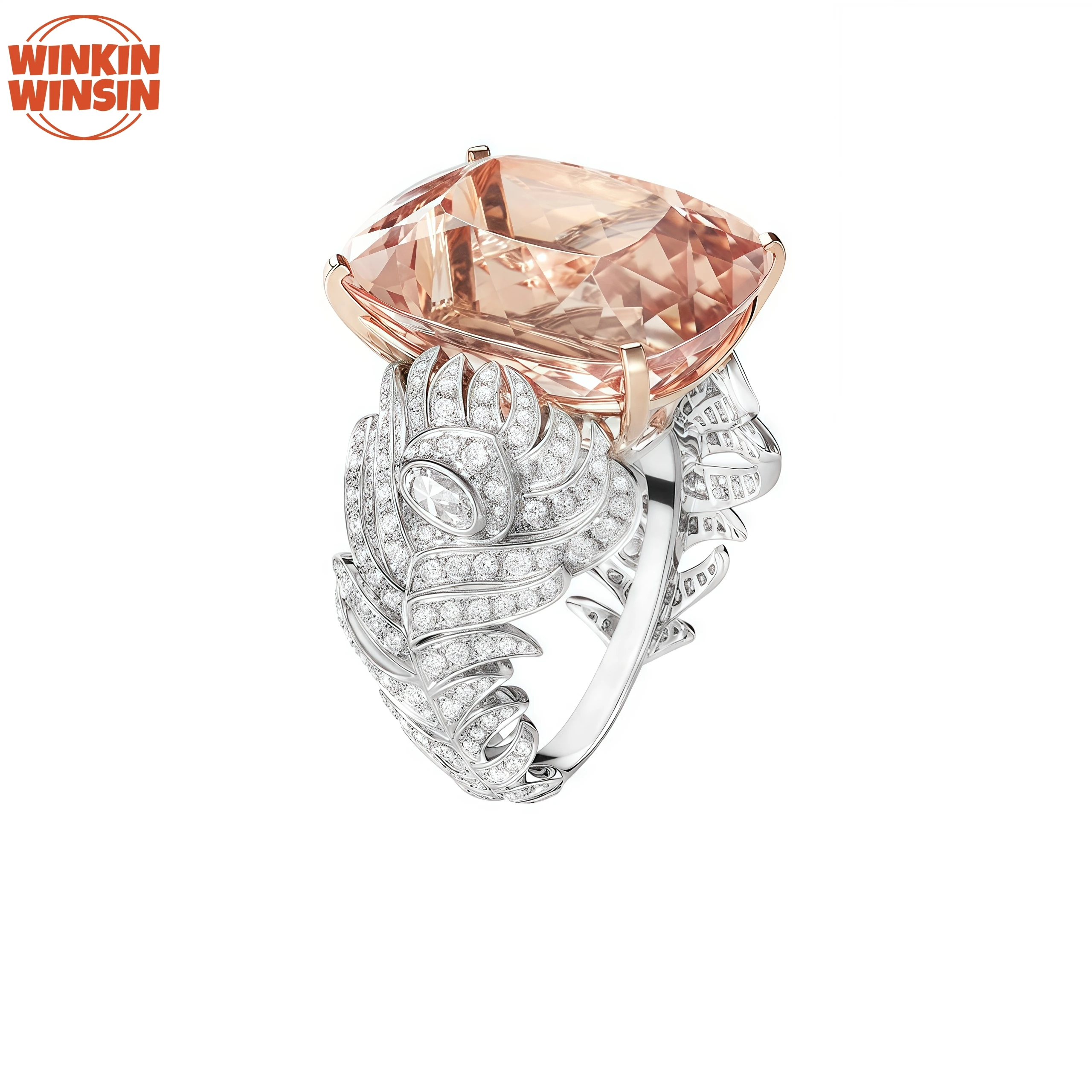 

Winkin Winsin Luxury Brand 925 Sterling Silver Rings For Woman Feather Carbon Diamond Synthetic Morganite Gemstones Ring Jewelry