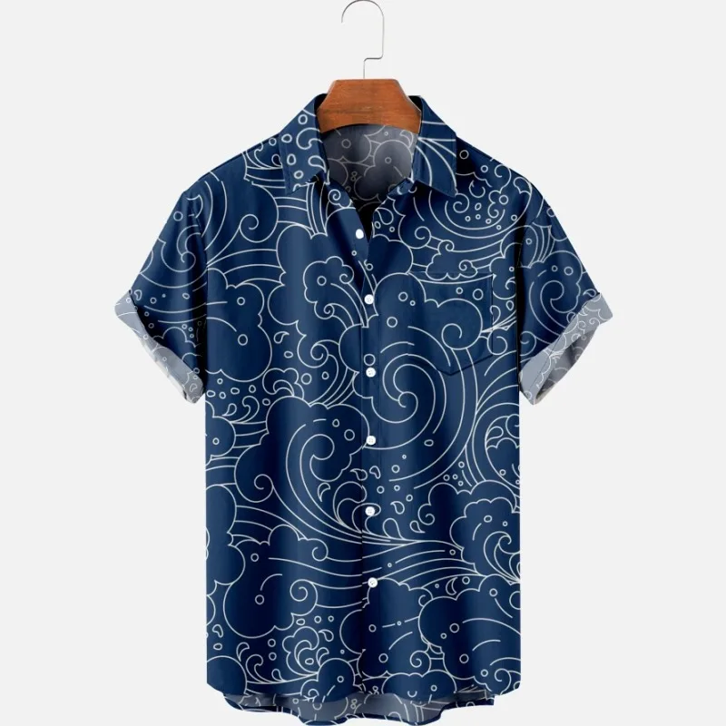 

2022 New Original Risk-Free Plant Blue and White Porcelain Wind 3D Printing Lapel Men's T-Shirt Top Hawaiian Beach Style