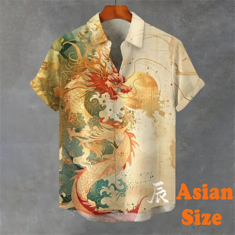 Chinese Zodiac Retro Shirt For Men Personality Print Graphic Short Sleeve Button Shirts 2025 New Trend Street Harajuku Blouse