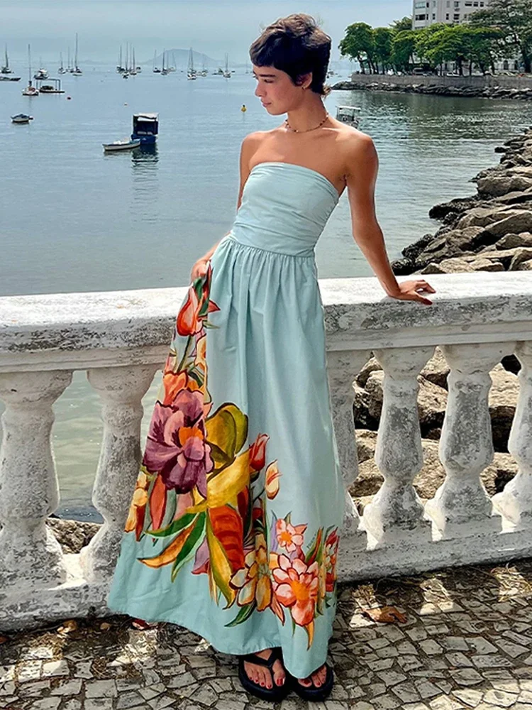 Sukienka damska bez ramiączek, drukowana, plisowana, puszysta, z szerokim dołem, podkreślona w talii, wyszczuplająca, długa sukienka plażowa, jedwabna satyna, szaty.