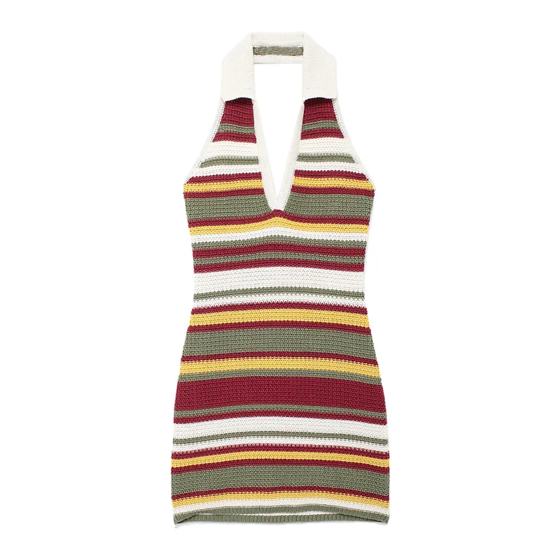 

Summer Women's Knit Mini Dress 2024 New Fashion Casual Backless Striped Neckline A-line Dress Elegant Sweater Dresses