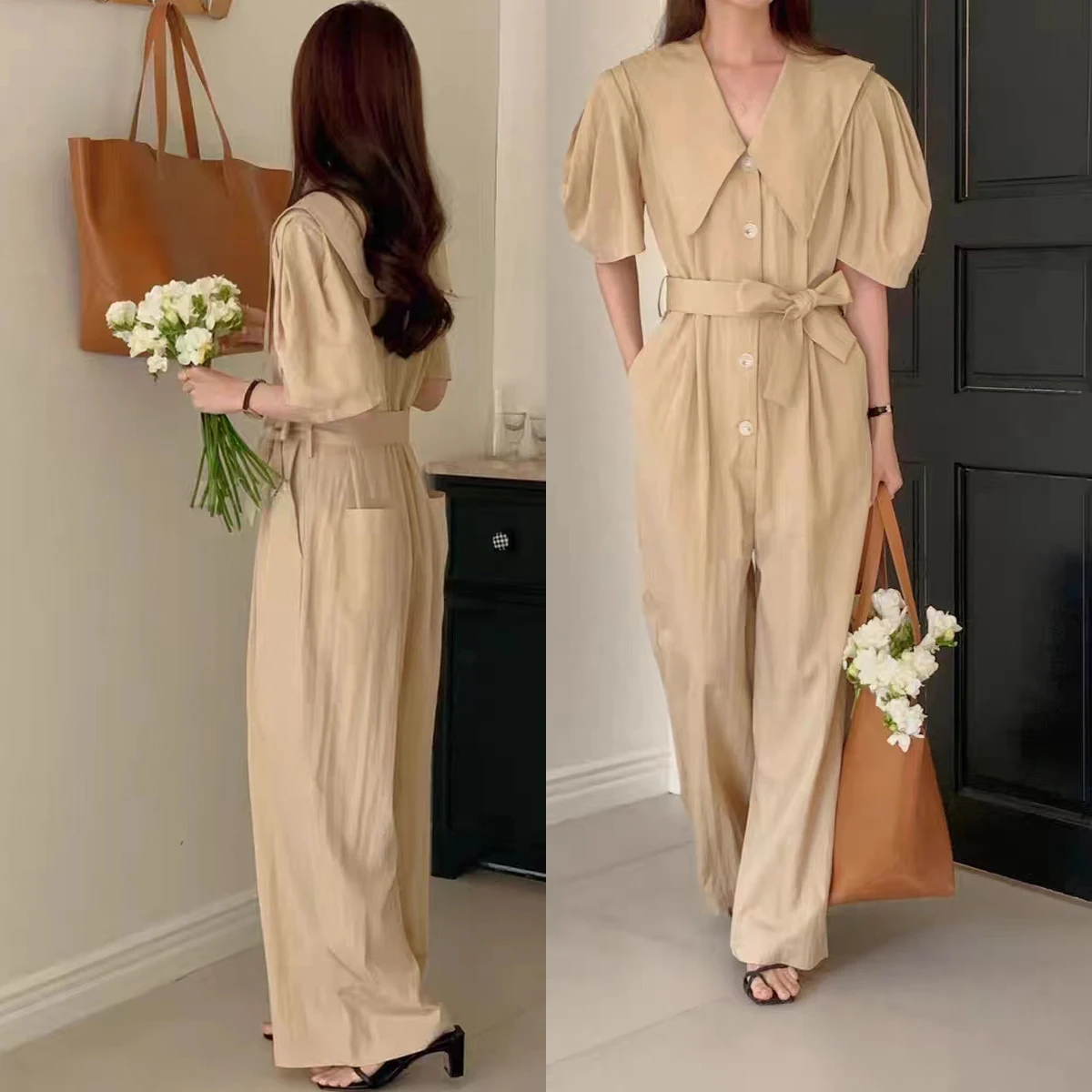 

Women Doll Collar with Waist-tightening Tooling Jumpsuit Slim Fashion Casual Loose Korea Chic Wide-leg Mopping Jumpsuit Summer