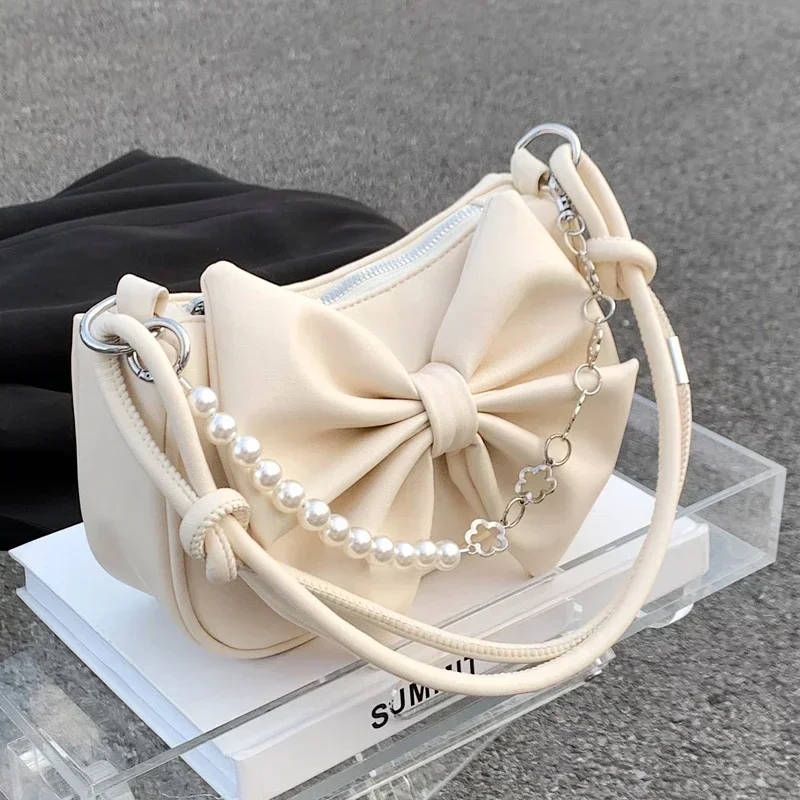 

Summer Fashion Small Bag Women's Sweet Bowknot Pearl Chain Shoulder Bag 2023 Versatile Luxury Texture Underarm Bag For Shopping