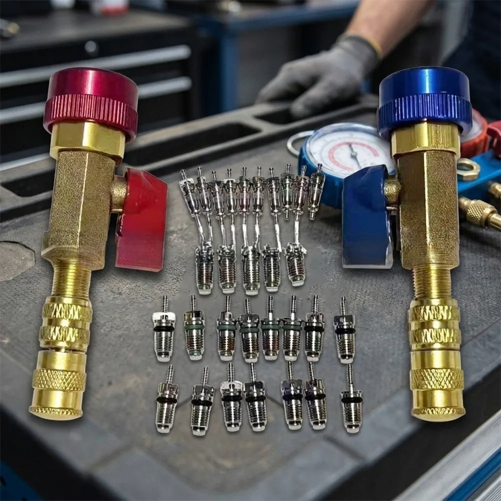 Quick-Change For R134a AC Valve Core Kit - 10 Cores and High/Low Pressure Wrenches Compatible with Standard For R134a Systems
